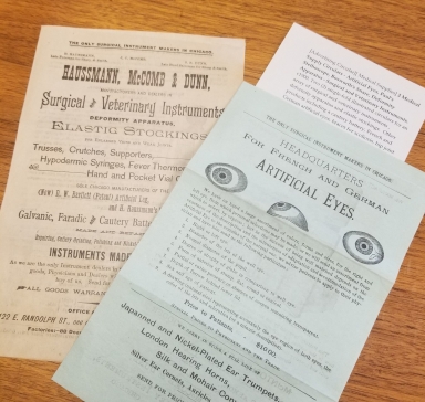 Two advertising circulars from circa 1900. One advertises artificial eyes, the other advertises surgical and veterinary instruments